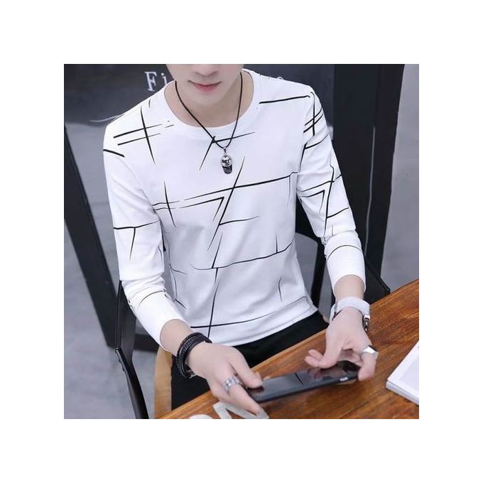 Men's Fashion Long Sleeve Striped Shirt Upgraded With Thicker O-neck Casual T-shirt In White